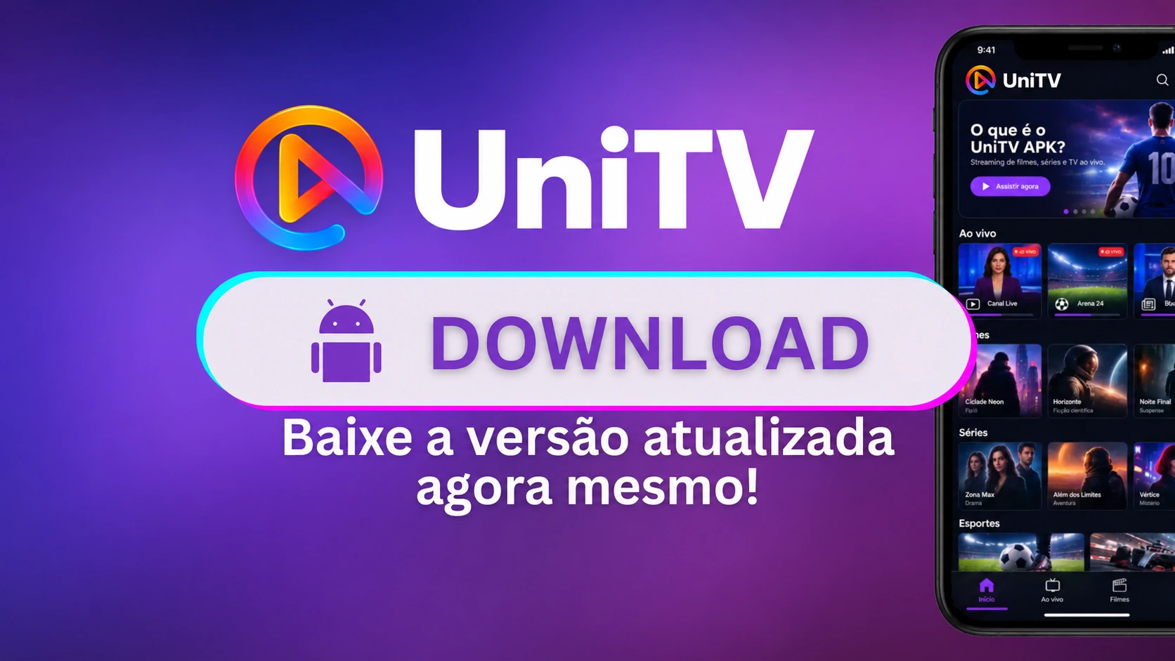 Banner promocional do UniTV com um smartphone exibindo a interface do aplicativo e um botão grande de DOWNLOAD
