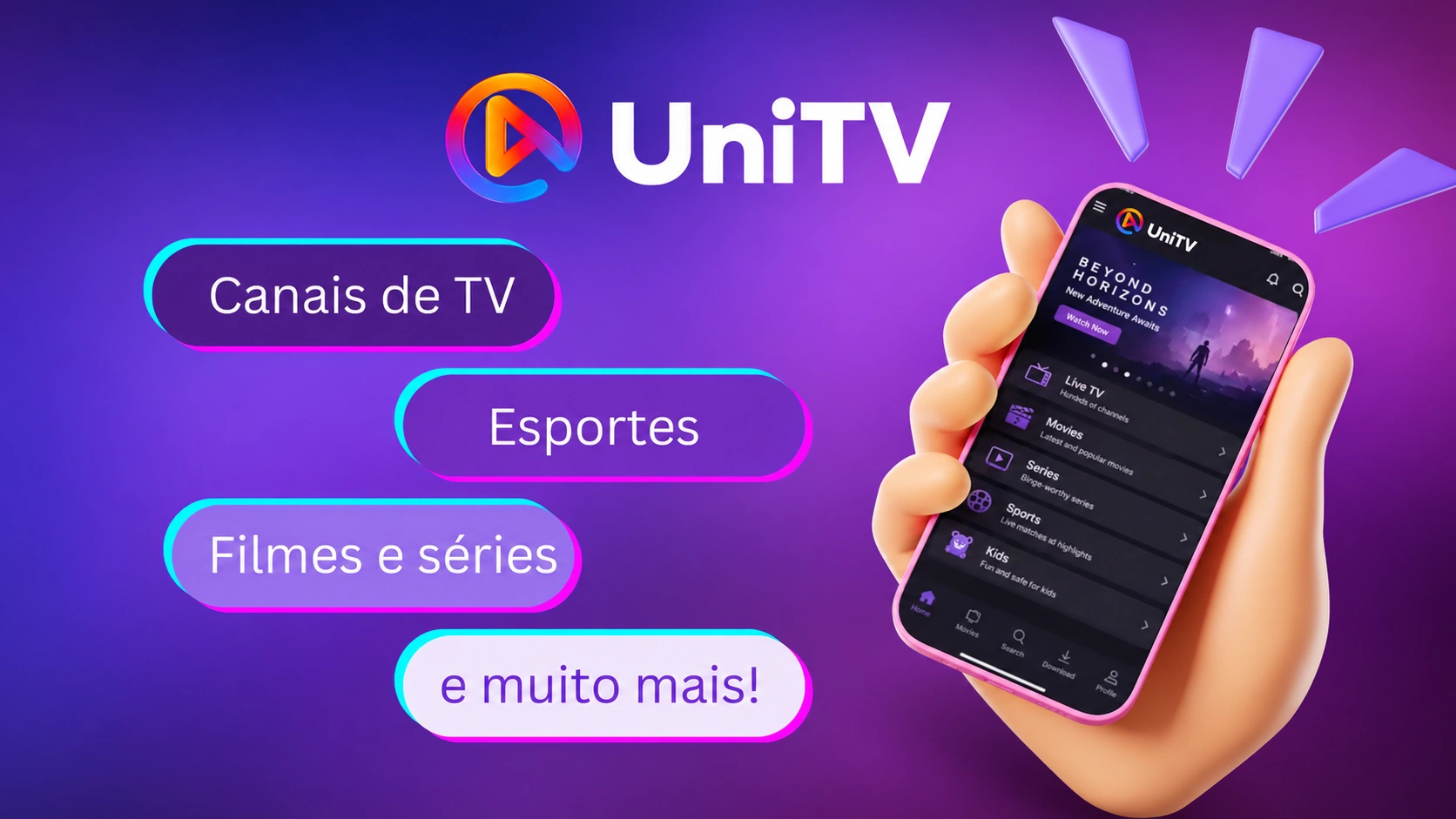 Banner promocional do aplicativo UniTV, com imagem de uma mão segurando um smartphone que exibe o menu de conteúdo.